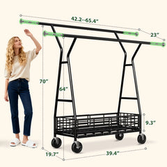 Raybee 65.4"W 350LBS Rolling Clothing rack with Shelves, Adjustable Commecial Garment Racks