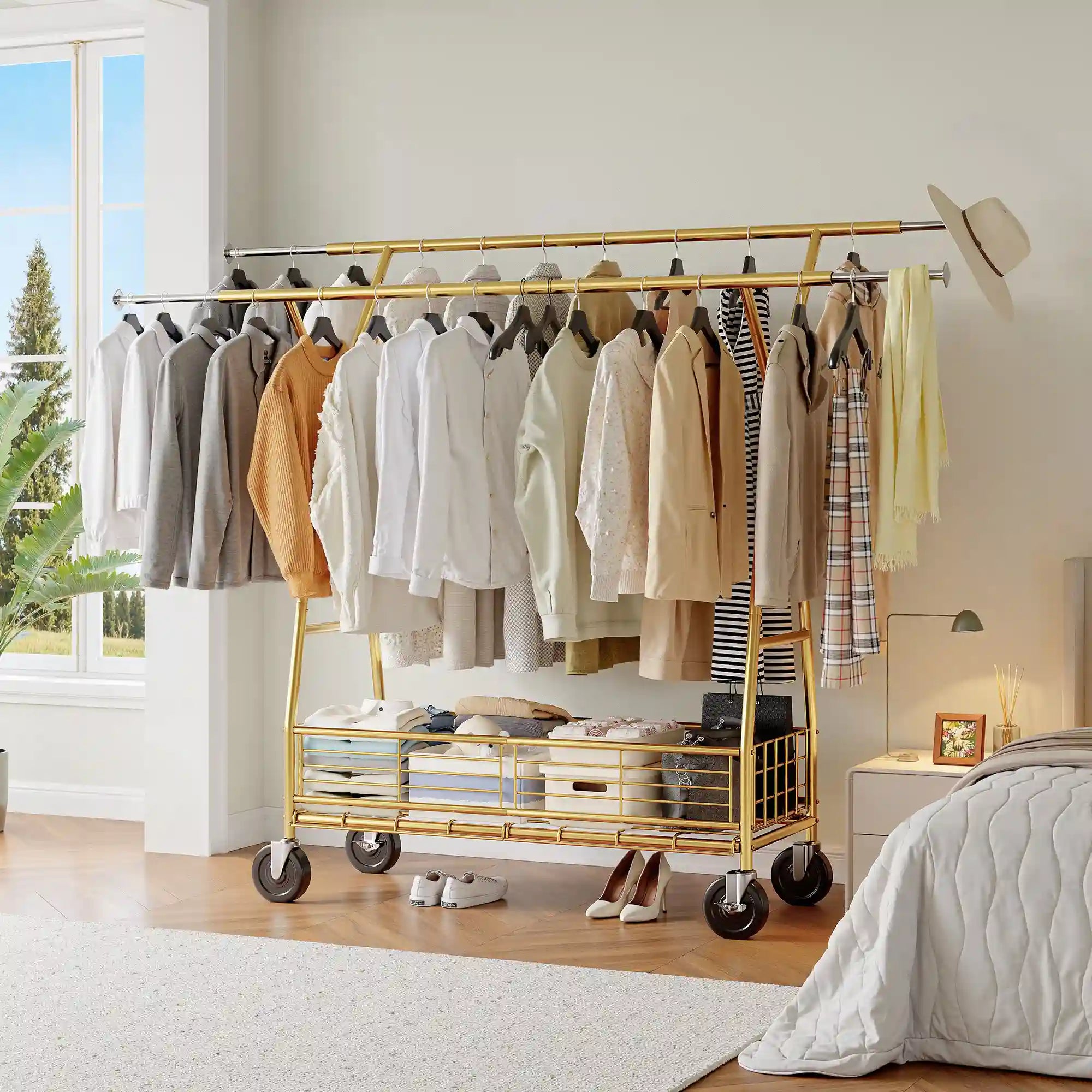 Raybee 65.4"W 350LBS Rolling Clothing rack with Shelves, Adjustable Commecial Garment Racks, Gold Raybee 65.4"W 350LBS Rolling Clothing rack with Shelves, Adjustable Commecial Garment Racks, Gold