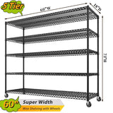 Reibii 60" W x 73" H Wire Storage Shelves on Wheels, 5-Shelf Adjustable, 3200lbs Heavy Duty Metal Shelving for Garage Kitchen Pantry