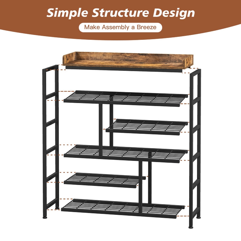 EnHomee Shoe Rack 6 Tier Metal Shoe Rack for Entryway Holds 24 Pairs, Wooden Top and Side Pocket for Entry, Entrance, Hallway, Black