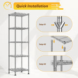 Reibii 12" Narrow 5-Tier Wire Shelving Unit, Metal Storage Rack for Closet, Bathroom & Kitchen