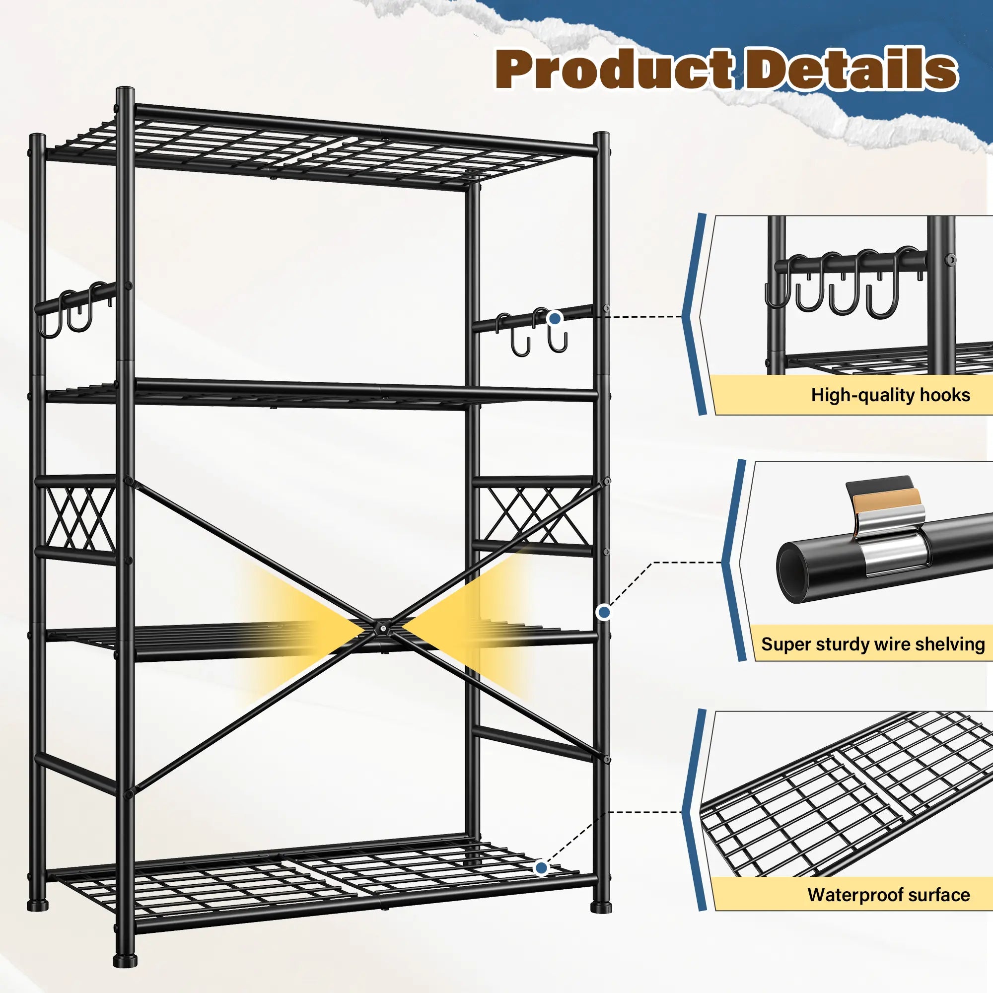 The reinforced steel storage rack is designed to handle heavy household items, tools, containers, and garage equipment without easily bending or sagging.