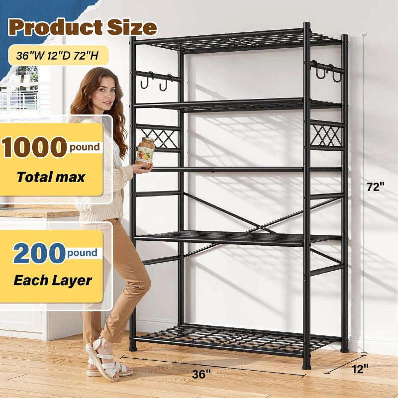 REIBII 36"W Storage Shelves with 4 Hooks,Metal Shelving with Leveling Feet,for Pantry, Kitchen, Laundry Room