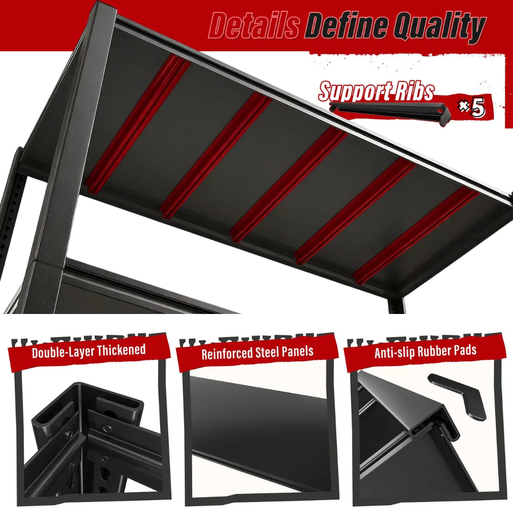 Showcasing the details of the Heavy-Duty Metal Shelving: We have upgraded both the uprights and the shelves, significantly enhancing their sturdiness and stability.