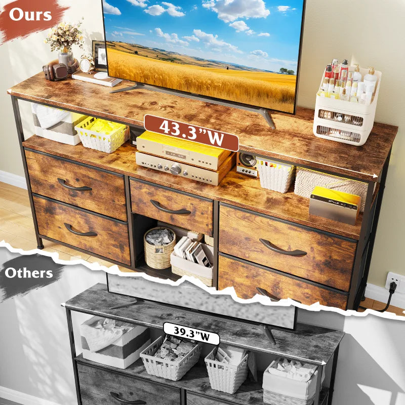 TV Stand Dresser with Outlets and LED Lights Power for 50" TV 5 Drawers Entertainment Center with Shelf for Living Room TV Stand Dresser with Outlets and LED Lights Power for 50" TV 5 Drawers Entertainment Center with Shelf for Living Room