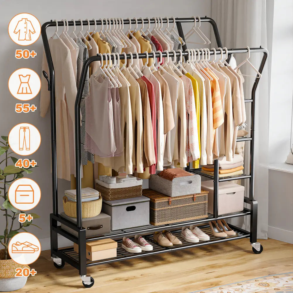Raybee Garment Rack with Wheels, Portable Clothes Rack with Shelves ...