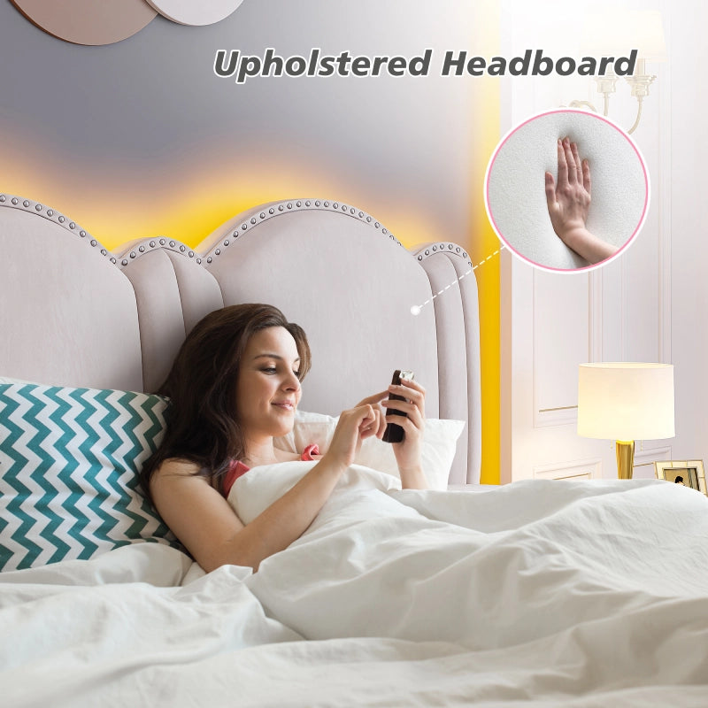 Reibii Upholstered Platform Bed Frame with LED Lights, Height Adjustable Headboard, Noise-Free Design & Easy Assembly for Bedroom