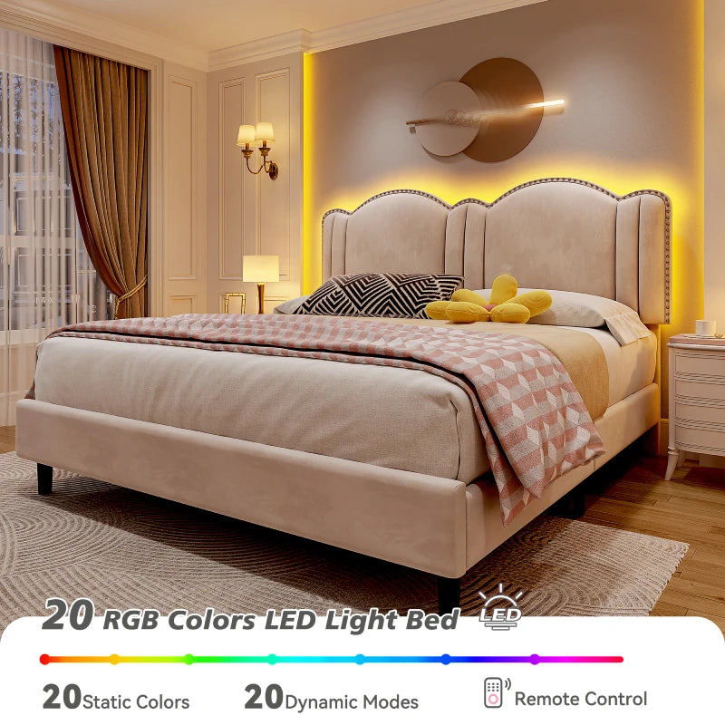 Reibii Upholstered Platform Bed Frame with LED Lights, Height Adjustable Headboard, Noise-Free Design & Easy Assembly for Bedroom