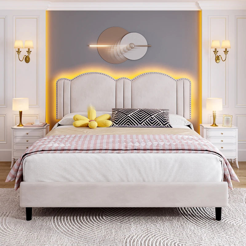 Reibii Upholstered Platform Bed Frame with LED Lights, Height Adjustable Headboard, Noise-Free Design & Easy Assembly for Bedroom