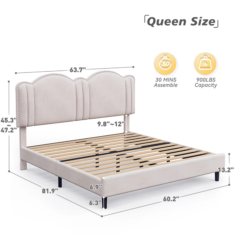 Reibii Upholstered Platform Bed Frame with LED Lights, Height Adjustable Headboard, Noise-Free Design & Easy Assembly for Bedroom