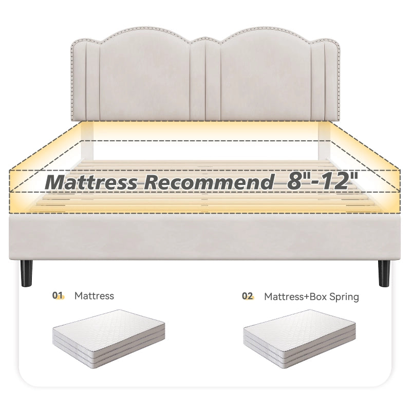 Reibii Upholstered Platform Bed Frame with LED Lights, Height Adjustable Headboard, Noise-Free Design & Easy Assembly for Bedroom