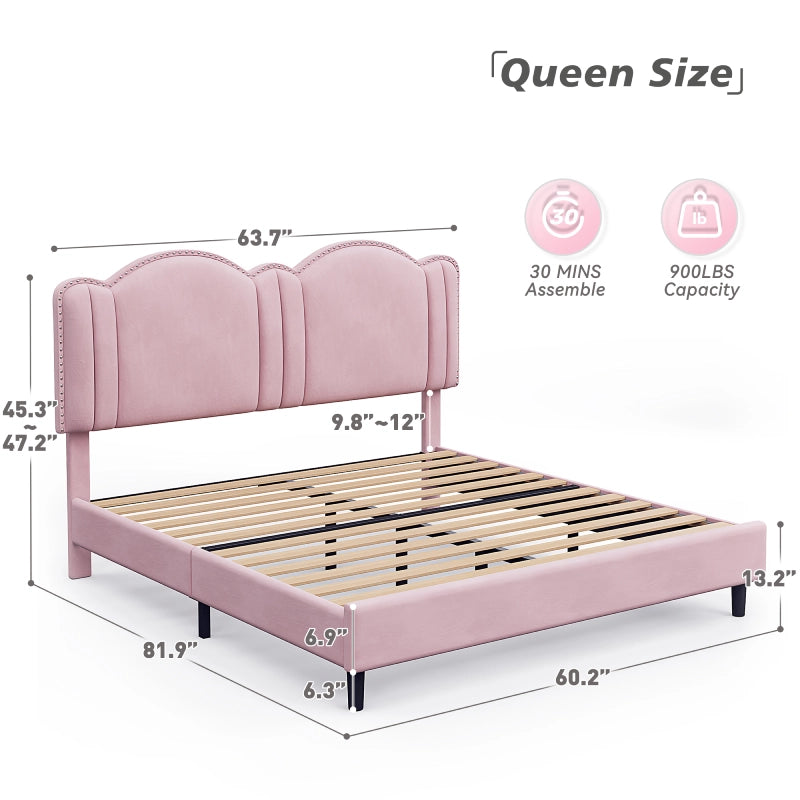 Reibii Upholstered Platform Bed Frame with LED Lights, Height Adjustable Headboard, Noise-Free Design & Easy Assembly for Bedroom