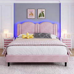 Reibii Upholstered Platform Bed Frame with LED Lights, Height Adjustable Headboard, Noise-Free Design & Easy Assembly for Bedroom