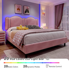 Reibii Upholstered Platform Bed Frame with LED Lights, Height Adjustable Headboard, Noise-Free Design & Easy Assembly for Bedroom