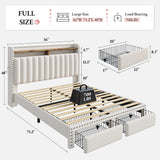 Reibii Heavy Duty Upholstered Bed Frame with 2 Storage Drawers, 2-Tier Storage Headboard, Noise-Free, No Box Spring Needed