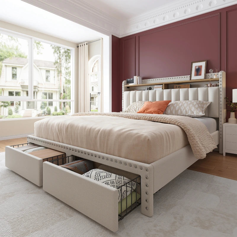 Reibii Heavy Duty Upholstered Bed Frame with 2 Storage Drawers & 2-Tier Storage Headboard, Noise-Free Platform Bed, No Box Spring Needed