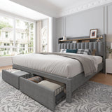 Reibii Heavy Duty Upholstered Bed Frame with 2 Storage Drawers, 2-Tier Storage Headboard, Noise-Free, No Box Spring Needed