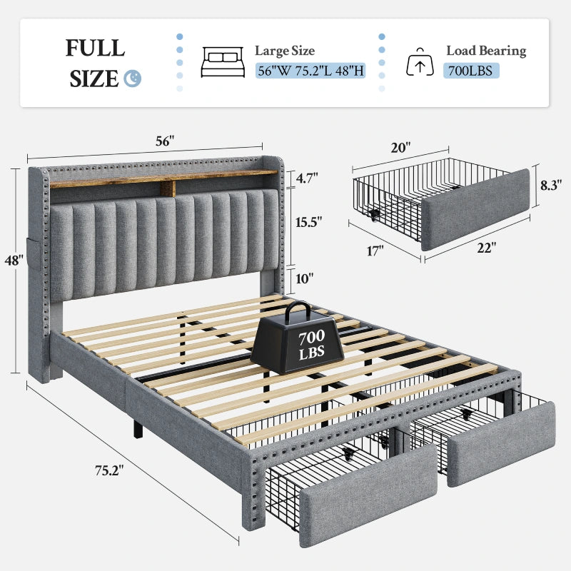 Reibii Heavy Duty Upholstered Bed Frame with 2 Storage Drawers, 2-Tier Storage Headboard, Noise-Free, No Box Spring Needed