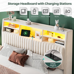 Reibii Multi-Tier Storage Upholstered Bed Frame with Velvet Headboard, LED Lights & Charging Station, Noise-Free, No Box Spring Needed