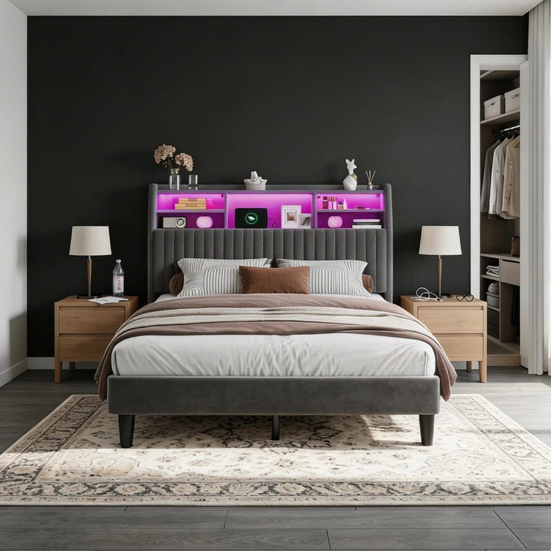 Reibii Multi-Tier Storage Upholstered Bed Frame with Velvet Headboard, LED Lights & Charging Station, Noise-Free, No Box Spring Needed