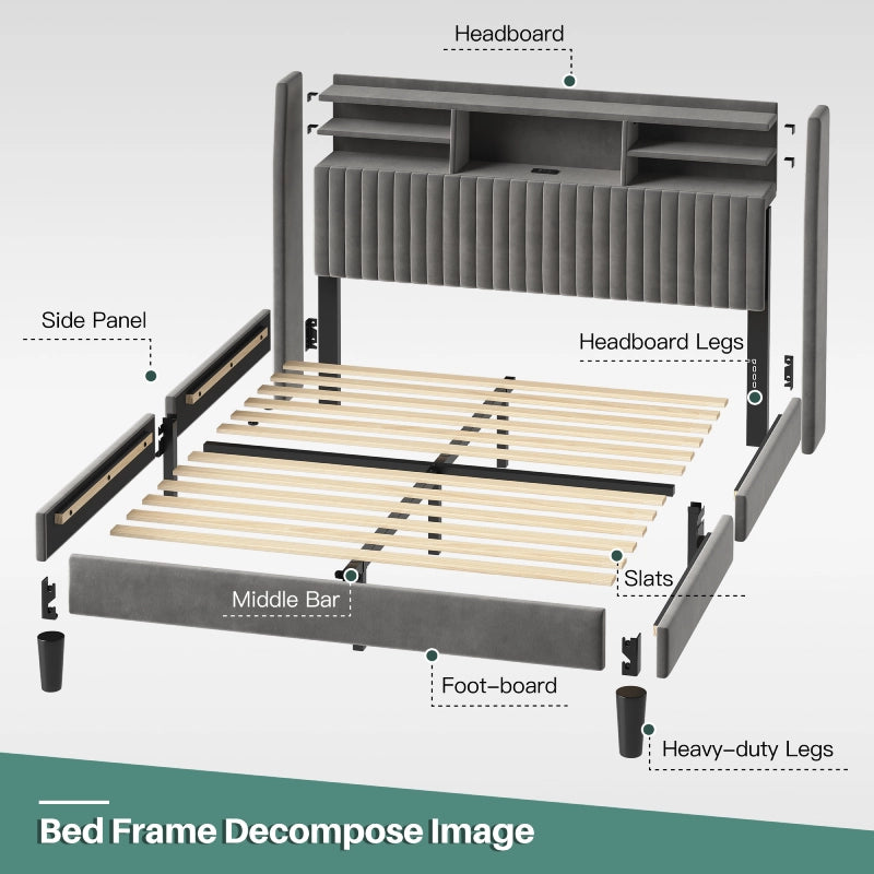 Reibii Multi-Tier Storage Upholstered Bed Frame with Velvet Headboard, LED Lights & Charging Station, Noise-Free, No Box Spring Needed