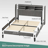 Reibii Multi-Tier Storage Upholstered Bed Frame with Velvet Headboard, LED Lights & Charging Station, Noise-Free, No Box Spring Needed