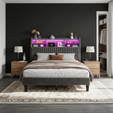 Reibii Multi-Tier Storage Upholstered Bed Frame with Velvet Headboard, LED Lights & Charging Station, Noise-Free, No Box Spring Needed