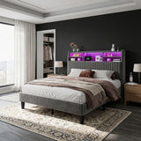 Reibii Multi-Tier Storage Upholstered Bed Frame with Velvet Headboard, LED Lights & Charging Station, Noise-Free, No Box Spring Needed