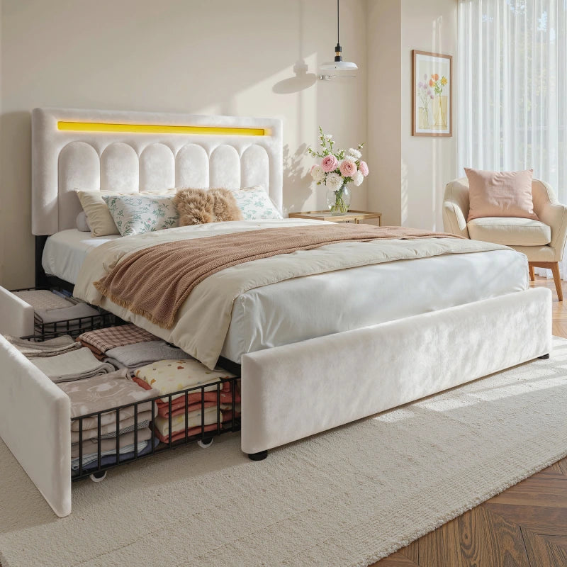 Reibii Velvet Upholstered Bed Frame with LED Lights, 4 Storage Drawers & Adjustable Headboard, 1000 lbs Heavy-Duty Support, Easy Assembly