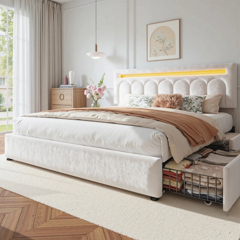 Reibii Velvet Upholstered Bed Frame with LED Lights, 4 Storage Drawers & Adjustable Headboard, 1000 lbs Heavy-Duty Support, Easy Assembly