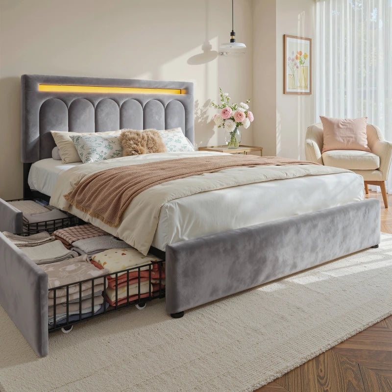 Reibii Velvet Upholstered Bed Frame with LED Lights, 4 Storage Drawers & Adjustable Headboard, 1000 lbs Heavy-Duty Support, Easy Assembly