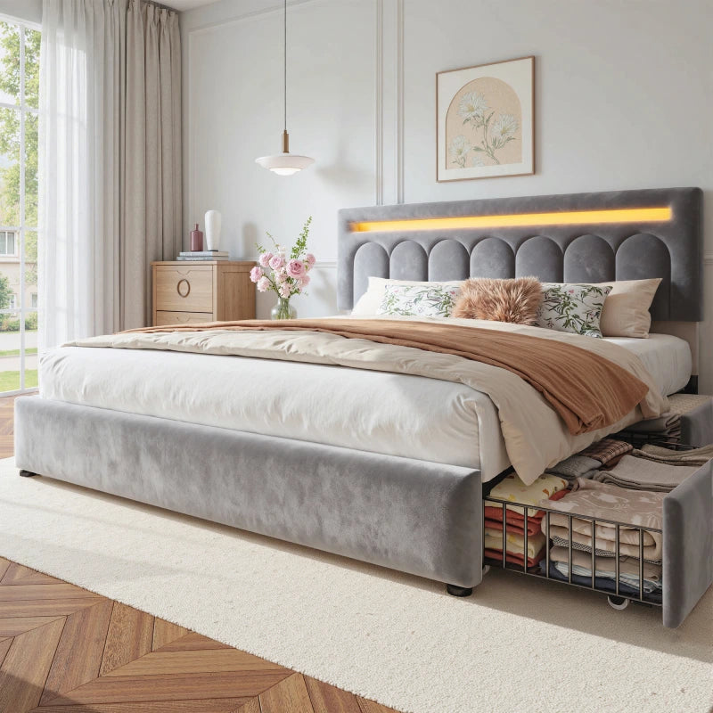 Reibii Velvet Upholstered Bed Frame with LED Lights, 4 Storage Drawers & Adjustable Headboard, 1000 lbs Heavy-Duty Support, Easy Assembly
