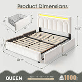 Reibii Velvet Upholstered Bed Frame with LED Lights, 4 Storage Drawers & Adjustable Headboard, 1000 lbs Heavy-Duty Support, Easy Assembly