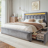 Reibii Velvet Upholstered Bed Frame with LED Lights, 4 Storage Drawers & Adjustable Headboard, 1000 lbs Heavy-Duty Support, Easy Assembly