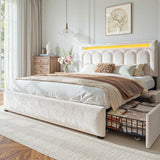 Reibii Velvet Upholstered Bed Frame with LED Lights, 4 Storage Drawers & Adjustable Headboard, 1000 lbs Heavy-Duty Support, Easy Assembly