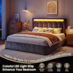 Reibii Velvet Upholstered Bed Frame with LED Lights, 4 Storage Drawers & Adjustable Headboard, 1000 lbs Heavy-Duty Support, Easy Assembly