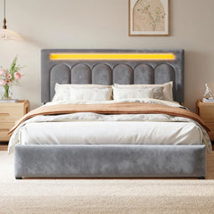 Reibii Velvet Upholstered Bed Frame with LED Lights, 4 Storage Drawers & Adjustable Headboard, 1000 lbs Heavy-Duty Support, Easy Assembly