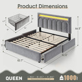 Reibii Velvet Upholstered Bed Frame with LED Lights, 4 Storage Drawers & Adjustable Headboard, 1000 lbs Heavy-Duty Support, Easy Assembly