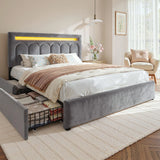 Reibii Velvet Upholstered Bed Frame with LED Lights, 4 Storage Drawers & Adjustable Headboard, 1000 lbs Heavy-Duty Support, Easy Assembly