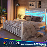 REIBII 54" Tall Headboard Metal Platform Bed Frame with LED Lights, 883 LBS Reinforced Steel Support, 12.7" Under-Bed Storage, Noise-Reducing Slats, No Box Spring Needed