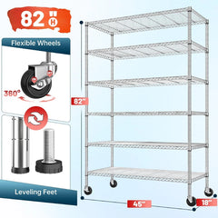 Reibii 45"W x 82"H Wire Shelving with Wheels, 6-Tier Adjustable Metal Shelves Load 1200LBS, Storage Racks for Kitchen Pantry Closet,Chrome