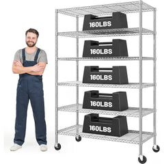 Reibii 45"W x 82"H Wire Shelving with Wheels, 6-Tier Adjustable Metal Shelves Load 1200LBS, Storage Racks for Kitchen Pantry Closet,Chrome