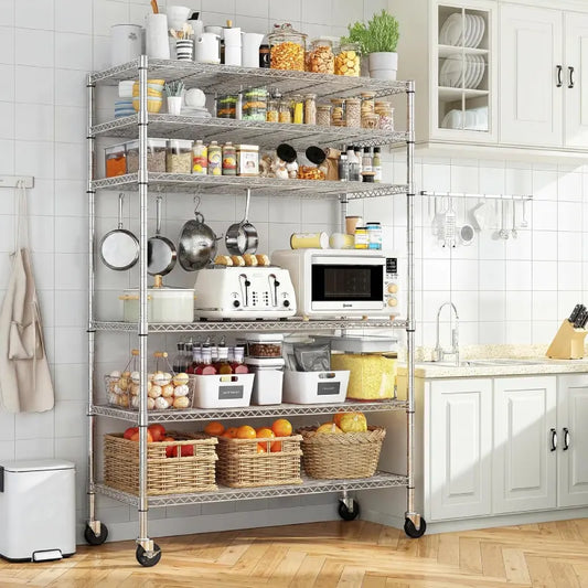 Reibii 45"W x 82"H Wire Shelving with Wheels, 6-Tier Adjustable Metal Shelves Load 1200LBS, Storage Racks for Kitchen Pantry Closet,Chrome 800