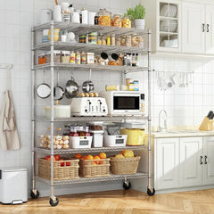 Reibii 45"W x 82"H Wire Shelving with Wheels, 6-Tier Adjustable Metal Shelves Load 1200LBS, Storage Racks for Kitchen Pantry Closet,Chrome
