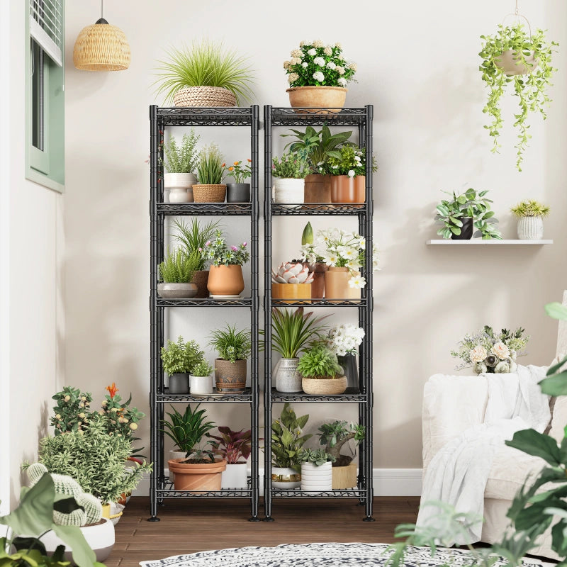 wire plant rack Reibii 12" Narrow 5-Tier Wire Shelving Unit, Metal Storage Rack for Closet, Bathroom & Kitchen, Black / 2P