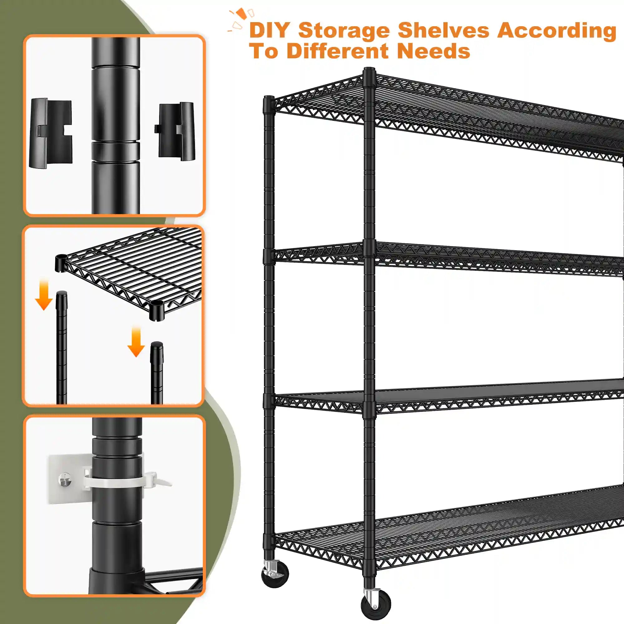 Reibii 60" W x 24"D Wire Shelving with Wheels, Heavy Duty Adjustable Metal Shelves Load 2878lbs, Wire Storage Shelves for Garage Closet Pantry Basement
