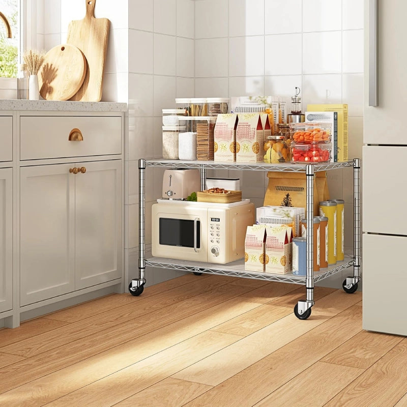 Reibii 2-Shelf Wire Rack Shelving with Wheels & Gaskets , Adjustable Metal Storage Shelves for Kutchen Pantry Laundry, Chrome