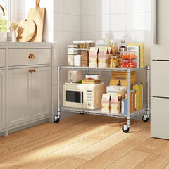 Reibii 2-Shelf Wire Rack Shelving with Wheels & Gaskets , Adjustable Metal Storage Shelves for Kutchen Pantry Laundry, Chrome