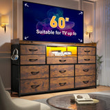 Dresser TV Stand with 11 Drawers for 60" TV Stand for Bedroom with LED Lights Power Outlets Long Dresser for Bedroom with Shelves