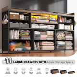 Dresser TV Stand with 11 Drawers for 60" TV Stand for Bedroom with LED Lights Power Outlets Long Dresser for Bedroom with Shelves